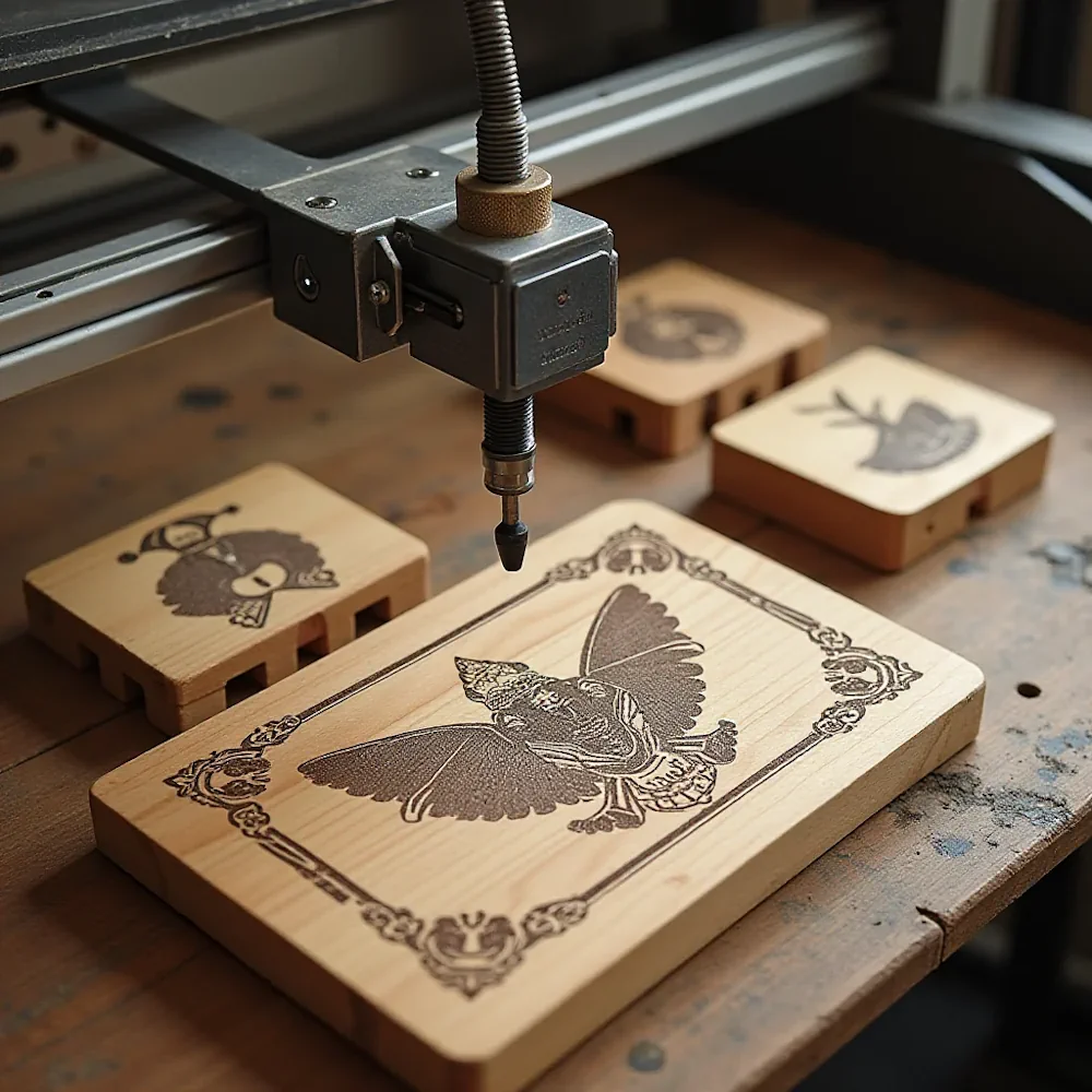 A CNC laser engraving machine engraving an intricate bird design onto a wooden plaque for bespoke corporate awards by WIKXY.