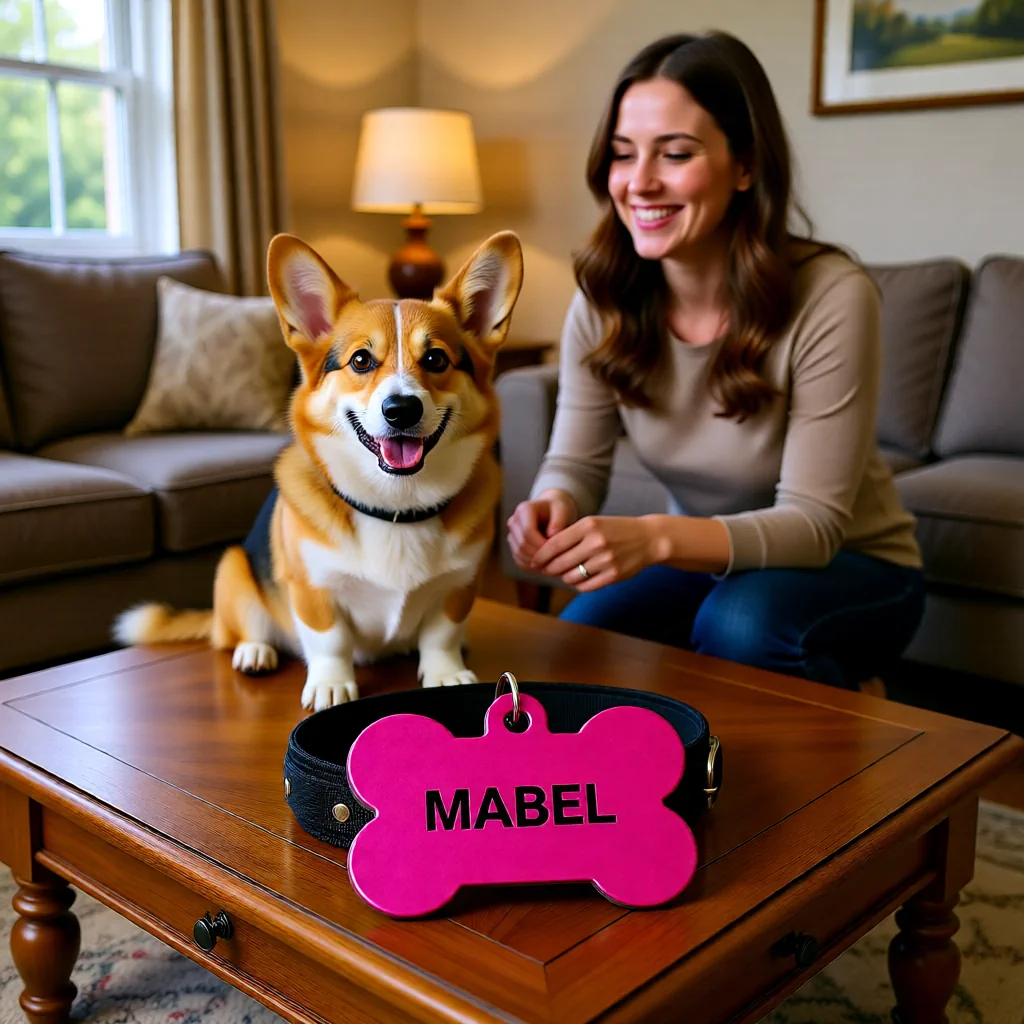 A large bone-shaped pink pet tag engraved with the name Mabel sitting on a coffee table, with a Corgi dog and a smiling woman in a living room by WIKXY.