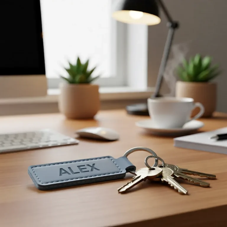 A light blue personalised leather keychain embossed with the name Alex, resting on a wooden office desk next to keys and a coffee cup by WIKXY.
