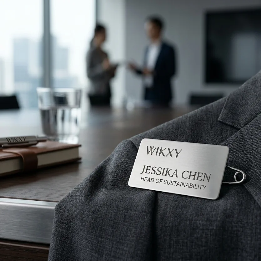 A premium brushed metal professional name badge for Jessika Chen pinned to a grey suit jacket on a corporate boardroom table by WIKXY.