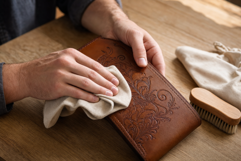 Engraved Leather - Hands gently cleaning an engraved brown leather item with a soft cloth.