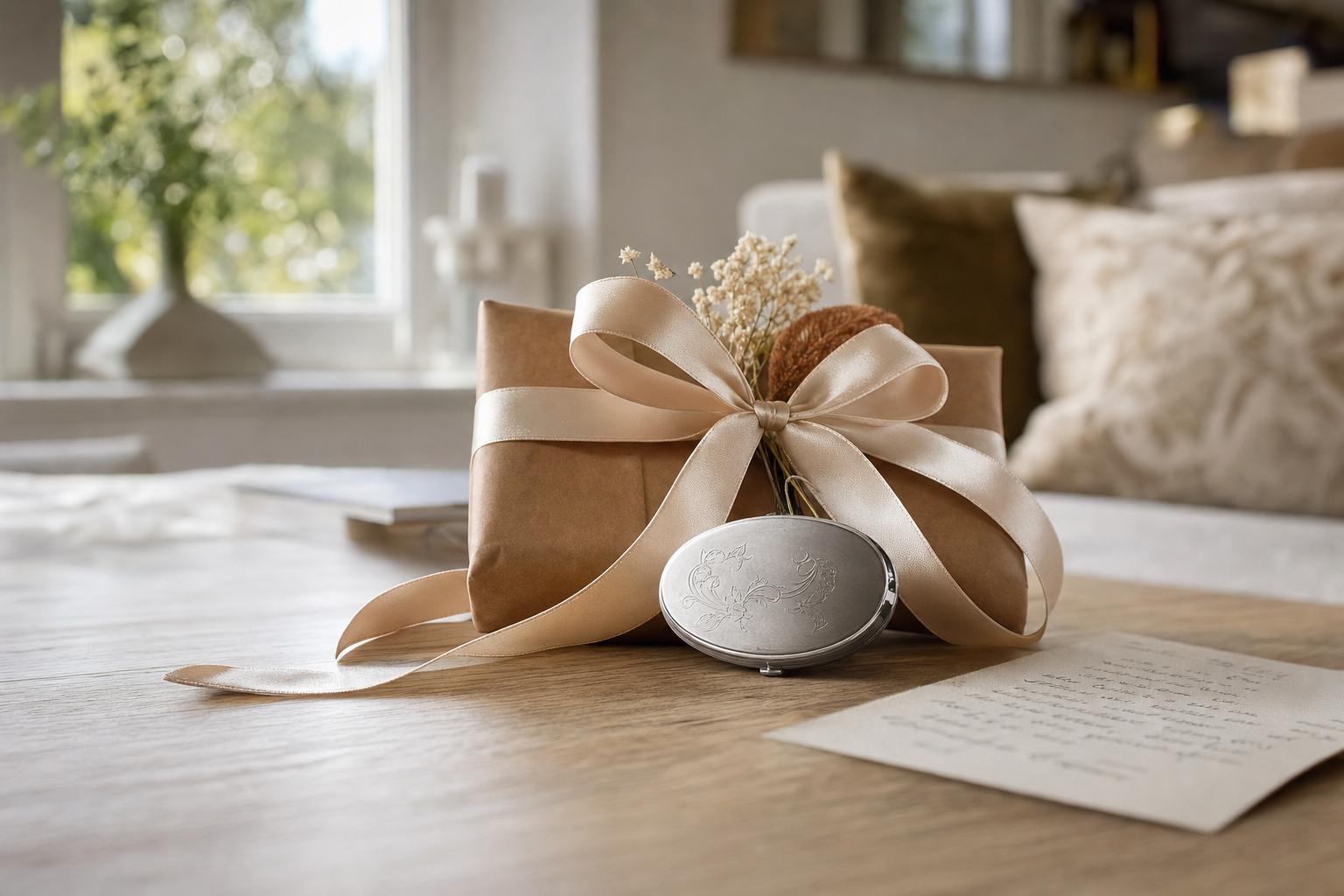 Romantic Engraving Ideas - Romantic engraved keepsake gift beside a handwritten note on a wooden table.