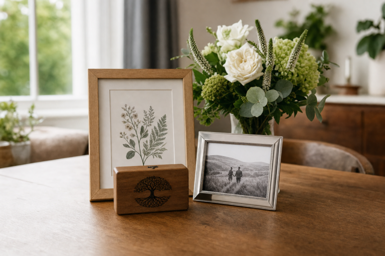 Personalised-style anniversary keepsakes and flowers arranged on a wooden table.