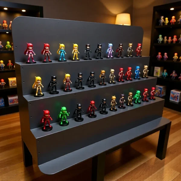 4-level-display-shelf Rows of colourful character figurines displayed on a tiered stand in a room
