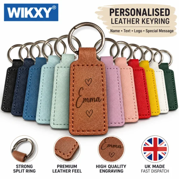 laser-engraved-leather-rectangular-keyholder-colour-range Personalised leather keyrings in assorted colours, with a brown keyring engraved “Emma” and hearts; UK made
