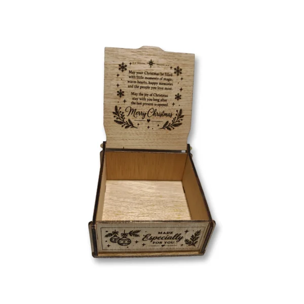 Engraved wooden Christmas gift box with “Merry Christmas” and “Made Especially for You” designs