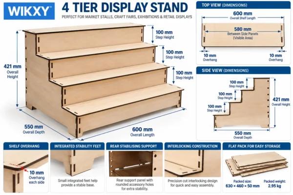 4-Tier Wooden Display Stand – Premium & Free Engraving for Craft Fairs & Market Stalls