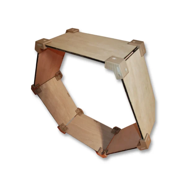 Open hexagonal wooden frame assembled with joint brackets and panels