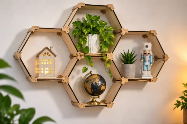 Wall-mounted hexagonal wooden shelves display plants, a lit house ornament, a globe and a nutcracker
