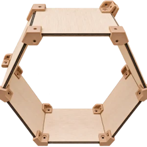 modular-honeycomb-wooden-wall-shelf-frame Modular Honeycomb Wall Shelf wooden frame assembled with tan plastic corner brackets around a central opening