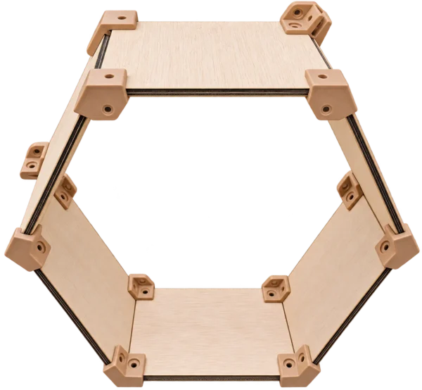 Modular Honeycomb Wall Shelf wooden frame assembled with tan plastic corner brackets around a central opening