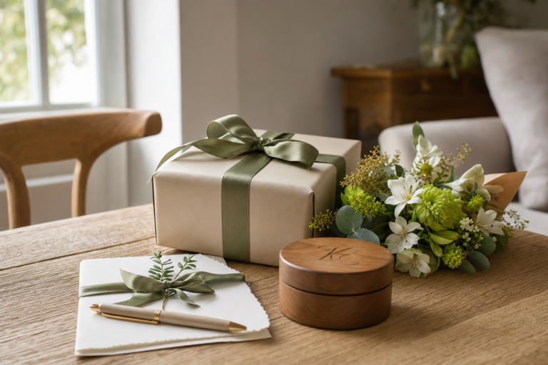 The best personalised birthday gift ideas - Thoughtfully wrapped birthday present with a subtle personalised keepsake and handwritten card on a wooden table.