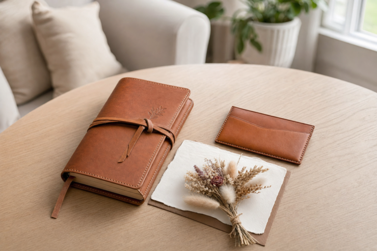 Leather 3rd Anniversary Ideas - Leather journal and card holder arranged as a third wedding anniversary gift on a wooden table.