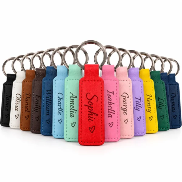 Personalised Leather Keyring – Custom Laser Engraved Key Fob Row of colourful personalised leather keyrings, each engraved with a different name
