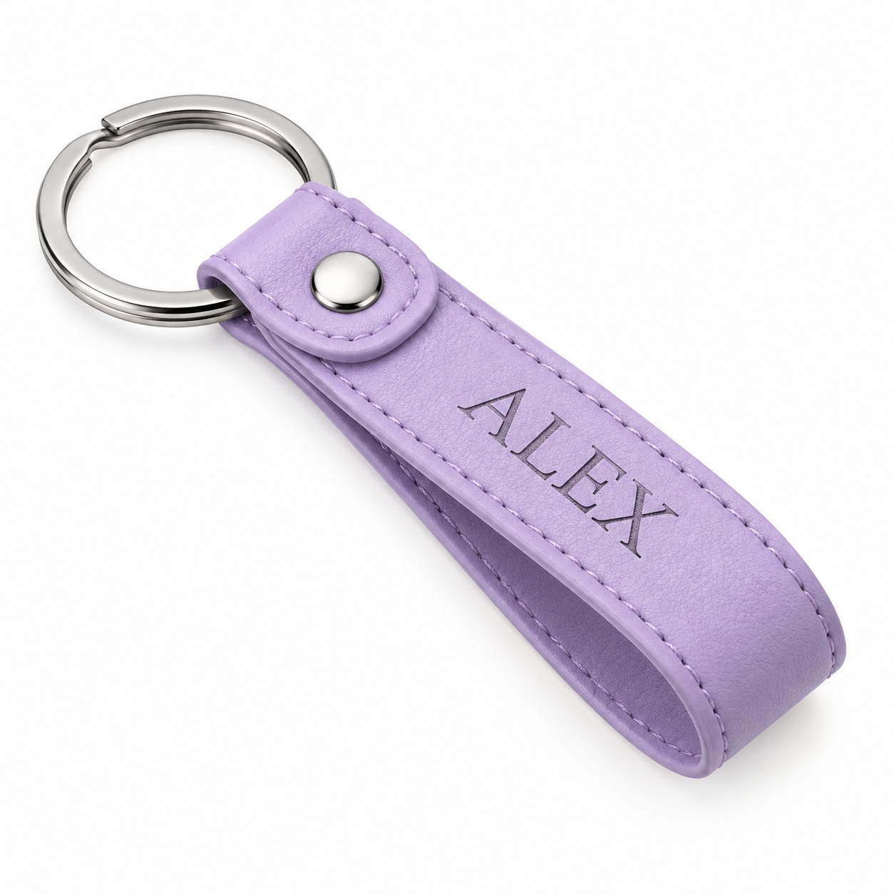 Purple leather keyring with a metal ring and snap fastening, embossed with