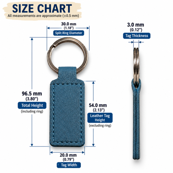 wikxy-laser-engraved-leather-rectangular-keyholder-navy-blue-size-chart Size chart: personalised leather keyholder 54 mm high by 20 mm wide, 3 mm thick; total height with split ring 96.5 mm and ring diameter 30 mm